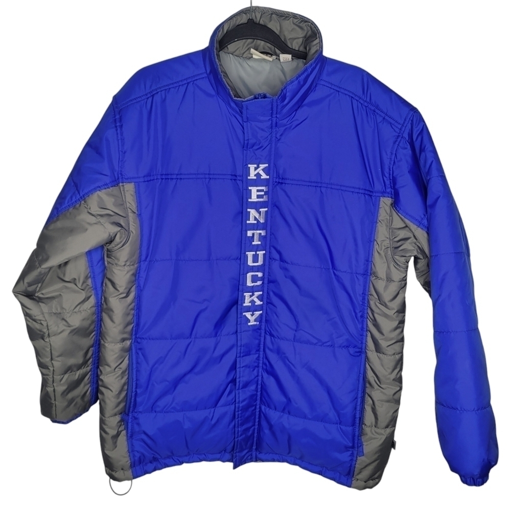 Vintage 90s University of Kentucky Wildcats NCAA Puffer Jacket in Blue Grey Sz M